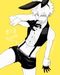  1boy animal_ears bakugou_katsuki black_gloves boku_no_hero_academia glove_in_mouth gloves male_focus male_playboy_bunny maneki-neko_(fujifuji) midriff mouth_hold navel rabbit_ears short_shorts shorts simple_background solo spiky_hair teeth_hold wrist_cuffs yellow_background 