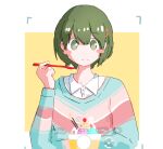  1girl blush_stickers expressionless eyebrows_visible_through_hair green_eyes green_hair highres holding holding_spoon idolmaster idolmaster_shiny_colors nanakusa_nichika parfait short_hair simple_background solo spoon upper_body viewfinder zaruno 