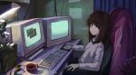  1girl :o at_computer bangs blue_curtain brown_hair chair crt cup curtains desk desk_lamp english_commentary floppy_disk from_side grey_eyes grey_shirt hair_intakes highres indoors keyboard_(computer) kgt_(pixiv12957613) lamp long_hair long_sleeves looking_at_viewer mouse_(computer) office_chair open_mouth original paper plant potted_plant revision shirt shorts sitting solo 