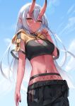  1girl absurdres akumi_(yoclesh) blue_sky clouds colored_skin day highres horns midriff navel oni_horns red_horns red_skin skai_kun sky solo virtual_youtuber vyugen 
