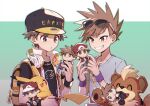  2boys backpack bag baseball_cap black_headwear black_shirt blue_oak brown_eyes brown_hair character_doll character_print commentary_request doll green_background grey_shirt grin growlithe hat headphones holding holding_doll holding_pokemon huan_li jacket jewelry label male_focus mouth_hold multiple_boys necklace pikachu pokemon pokemon_(creature) pokemon_(game) pokemon_frlg red_(pokemon) shirt short_hair smile spiky_hair t-shirt teeth wristband 