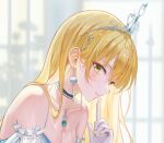  1girl bangs bare_shoulders blonde_hair blurry blurry_background blush breasts choker collarbone copyright_request detached_sleeves dress earrings from_side green_eyes hand_up heart highres index_finger_raised jewelry large_breasts necklace shiny shiny_hair smile solo strapless strapless_dress tiara tokkyu white_sleeves 