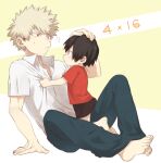  2boys ? bakugou_katsuki barefoot black_footwear blonde_hair blue_pants boku_no_hero_academia character_request child collared_shirt feet hand_on_another&#039;s_head hand_on_floor looking_at_another male_focus maneki-neko_(fujifuji) multiple_boys on_lap pants red_eyes red_shirt shirt shirt_grab sitting spiky_hair sweatdrop toddler white_shirt 