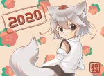  1girl 2020 alternate_eye_color animal_ears bangs black_skirt blush brown_background brown_eyes closed_mouth commentary_request cowboy_shot detached_sleeves eyebrows_visible_through_hair grey_hair hair_between_eyes hat inubashiri_momiji looking_at_viewer looking_back marihal one-hour_drawing_challenge shirt short_hair skirt sleeveless sleeveless_shirt smile solo tail tokin_hat touhou white_shirt wolf_ears wolf_girl wolf_tail 