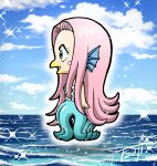  1girl amabie colored_skin from_side hair_intakes long_hair ocean pink_hair pointy_ears scales sky smile solo sparkle tentacles thick_eyebrows toratora_(1972-08-30) very_long_hair water yellow_skin youkai 