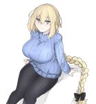 1girl black_legwear blonde_hair blue_eyes blue_sweater bow braid braided_ponytail breasts eyebrows_visible_through_hair fate/grand_order fate_(series) hair_bow highres jeanne_d&#039;arc_(fate) large_breasts long_hair looking_at_viewer looking_up pantyhose ri_o_ne_su ribbed_sweater single_braid sitting smile solo sweater very_long_hair 