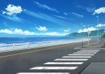  absurdres bird blue_sky bollard building clouds commentary_request crosswalk fence highres kiseki_(cblyc) lamppost mountain no_humans ocean original outdoors road road_sign scenery sign sky street water 