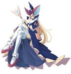 1girl android berkana blonde_hair breasts crossed_legs gloves hat helmet holding large_breasts long_hair mega_man_(series) mega_man_x_(series) mega_man_xtreme_2 robot_ears simple_background smile solo staff takamiyadaira very_long_hair white_background white_gloves witch witch_hat