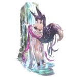  1girl animal_ears bangs bikini closed_mouth erune fox_ears fox_girl fox_tail from_behind full_body granblue_fantasy hair_ornament hand_on_own_shoulder hand_up long_hair looking_at_viewer looking_back minaba_hideo official_art ponytail purple_hair see-through shawl simple_background smile solo standing swimsuit tail third-party_edit transparent_background violet_eyes wading water wet wet_clothes yuel_(granblue_fantasy) 