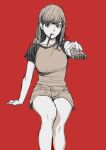  1girl bare_legs controller denim denim_shorts food foreshortening holding invisible_chair long_hair looking_ahead monochrome mouth_hold original outstretched_arm peco_(pockleberry) pocky raglan_sleeves red_background remote_control shirt short_sleeves shorts sitting solo 
