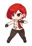  1girl breasts chibi closed_mouth cropped_shirt full_body gloves midriff mota navel necktie redhead shirt short_hair simple_background sleeveless smile solo suspenders the_king_of_fighters vanessa_(kof) white_background 