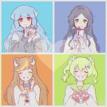  4girls ^_^ absurdres animal_ears asahina_chie bao_(vtuber) black_hair blue_hair blush box brown_hair closed_eyes english_commentary eyebrows_visible_through_hair fubkzm green_eyes green_hair grey_sweater hazumi_aileen heart heart-shaped_box highres holding holding_box ichika_maia indie_virtual_youtuber lion_ears lion_girl long_hair multiple_girls neckerchief off_shoulder pink_neckerchief red_eyes school_uniform serafuku sweater twintails virtual_youtuber 