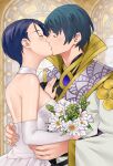  1boy 1girl alternate_costume bare_shoulders blue_hair blush bouquet byleth_(fire_emblem) byleth_eisner_(male) closed_eyes commentary couple detached_collar dress elbow_gloves english_commentary fingernails fire_emblem fire_emblem:_three_houses flower gloves gold_trim hand_on_another&#039;s_hip high_collar highres holding holding_bouquet hug igni_tion indoors kiss official_alternate_costume purple_hair robe shamir_nevrand short_hair strapless strapless_dress wedding wedding_dress white_dress white_flower white_gloves white_robe wide_sleeves 
