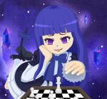  1girl black_dress blue_hair board_game cat_tail chess chess_piece chessboard dress frederica_bernkastel frills from_behind long_hair looking_back pixel_art ribbon shinokoyomi shoes sitting solo tail tail_ornament tail_ribbon umineko_no_naku_koro_ni violet_eyes 