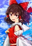  1girl absurdres ascot bangs bare_shoulders bow brown_hair clouds cloudy_sky collared_shirt detached_sleeves frilled_bow frills hair_bow hair_tubes hakurei_reimu highres large_bow looking_at_viewer medium_hair midriff open_mouth red_bow red_eyes red_ribbon red_shirt ribbon sen_(daydream_53) shirt sidelocks sky sleeve_ribbon sleeveless sleeveless_shirt solo teeth touhou upper_teeth wide_sleeves yellow_ascot 