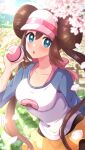  1girl :o absurdres bangs blue_eyes blurry blush breasts cherry_blossoms collarbone depth_of_field double_bun falling_petals hand_up haru_(haruxxe) highres holding holding_poke_ball long_hair looking_at_viewer medium_breasts open_mouth petals poke_ball poke_ball_(basic) poke_ball_print pokemon pokemon_(game) pokemon_bw2 raglan_sleeves rosa_(pokemon) shorts solo twintails visor_cap yellow_shorts 