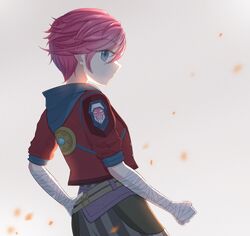  1girl absurdres arcane:_league_of_legends arcane_vi bandaged_arm bandages bangs belt brown_belt brown_pants eyebrows_visible_through_hair grey_background highres hood hood_down irinomiyu jacket league_of_legends looking_at_viewer pants petals pink_hair red_jacket short_hair short_sleeves sideways_glance simple_background solo striped striped_pants vi_(league_of_legends) 