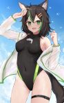  1girl :d animal_ear_fluff animal_ears arm_up ass_visible_through_thighs bare_shoulders black_hair black_swimsuit blue_sky breasts cat_ears cat_girl cat_tail competition_swimsuit covered_navel cowboy_shot day green_eyes green_hair hair_ornament hairclip highres jacket long_sleeves medium_breasts multicolored_hair one-piece_swimsuit open_clothes open_jacket open_mouth original outdoors see-through short_hair shuuzo3 skindentation sky smile solo streaked_hair swimsuit tail thigh_strap two-tone_hair water_drop white_jacket 