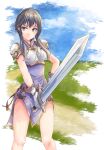  1girl armor bangs bare_legs black_hair breastplate closed_mouth dress fire_emblem fire_emblem:_genealogy_of_the_holy_war fuussu_(21-kazin) gloves grey_eyes hand_on_hip holding holding_sword holding_weapon larcei_(fire_emblem) looking_at_viewer purple_dress shiny shiny_hair short_dress short_hair_with_long_locks shoulder_armor side_slit sidelocks smile solo standing sword weapon white_gloves 