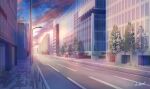  absurdres blue_sky building city cityscape clouds commentary_request fence hakuurei_amano highres lamppost no_humans original outdoors road scenery shadow sky street sunrise tree watermark 