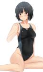  1girl amagami black_eyes black_hair black_swimsuit bob_cut breasts competition_swimsuit covered_navel highres japanese_clothes kimono looking_at_viewer nanasaki_ai one-piece_swimsuit short_hair simple_background small_breasts smile solo swimsuit two-tone_swimsuit white_background ykh1028 yukata 