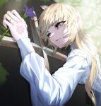  1girl absurdres akiaki_aki bangs blonde_hair dress eyebrows_visible_through_hair eyelashes fang flower highres holding holding_flower jewelry lips long_hair long_sleeves original parted_lips red_eyes ring scar scar_on_hand solo tears white_dress 
