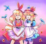  1980s_(style) 2girls ^_^ apron blonde_hair blue_bird blue_dress bow closed_eyes collared_dress cowboy_shot dress ellen_(touhou) flower frilled_apron frills gloves hair_bow happy hat hat_ribbon highres kana_anaberal long_hair medium_hair multiple_girls open_mouth puffy_short_sleeves puffy_sleeves red_bow red_ribbon red_skirt red_vest retro_artstyle ribbon short_sleeves sketch skirt sun_hat takemoto_izumi_(style) touhou touhou_(pc-98) twitter_bird very_long_hair vest waist_apron white_apron white_gloves white_headwear yatyou 