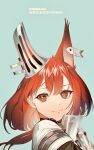  1girl animal_ears aqua_background arknights bangs brown_eyes closed_mouth eyebrows_visible_through_hair flametail_(arknights) highres long_hair looking_at_viewer oxy_ho2 portrait redhead simple_background smile solo squirrel_ears 