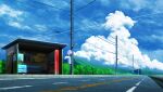  bench blue_sky bus_stop clouds commentary_request highres lamppost mountain no_humans original osho_(pixiv2179) outdoors power_lines road road_sign scenery sign sky utility_pole vending_machine 
