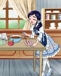  1girl apron blue_footwear blue_hair chocolate closed_eyes cooking dress frilled_dress frills front_ponytail full_body futari_wa_precure highres juliet_sleeves kitchen long_hair long_sleeves official_art precure precure_connection_puzzlun puffy_sleeves smile solo thick_eyebrows third-party_source yukishiro_honoka 