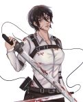  absurdres black_hair blood closed_mouth gears highres holding holding_weapon long_sleeves looking_at_viewer mikasa_ackerman serious shingeki_no_kyojin shirt short_hair simple_background sword twitter_username weapon white_background white_shirt 