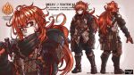  1boy alternate_costume armor artist_name bag bangs belt boots character_sheet diluc_(genshin_impact) genshin_impact gloves gun handgun harness introvert-kun long_hair low-tied_long_hair over_shoulder pistol red_eyes redhead scarf shoulder_armor snap-fit_buckle tactical_clothes weapon weapon_over_shoulder 