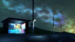  bench bus_stop commentary_request highres lamppost light mountain night night_sky no_humans original osho_(pixiv2179) outdoors power_lines road road_sign scenery sign sky utility_pole vending_machine 