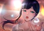  1girl :o bangs beach black_hair collarbone dusk eyebrows_visible_through_hair floating_hair green_eyes kurosawa_dia long_hair looking_at_viewer love_live! love_live!_sunshine!! mole mole_under_mouth music niyochou_akashi ocean open_mouth outdoors portrait shiny shiny_hair singing solo 