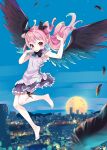  1girl amimi city_lights cityscape demon_girl maid moon original pink_hair sky solo wings 