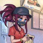  1girl akali bag bangs black_mask blue_eyes bracelet breasts burger collarbone food french_fries heart holding holding_bag jewelry k/da_(league_of_legends) league_of_legends long_hair mask mcdonald&#039;s monochrome mouth_mask parted_bangs phantom_ix_row ponytail red_shirt redhead shiny shiny_hair shirt short_sleeves small_breasts solo upper_body 