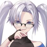  1girl bare_shoulders black_gloves blue_eyes bodystocking chinese_commentary closed_mouth collarbone constantine-xii eyebrows_visible_through_hair fingerless_gloves glasses gloves highres long_hair looking_at_viewer nose original silver_hair solo twintails upper_body white_background 