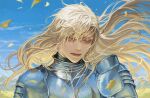  1boy androgynous armor blackbox_(blackbox9158) blonde_hair blurry blurry_foreground chainmail colored_eyelashes day expressionless hair_between_eyes leaf long_hair looking_away male_focus original sky solo upper_body wind yellow_eyes 