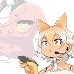  animal_costume animal_ears blonde_hair coyote_(kemono_friends) coyote_ears coyote_girl gloves highres island_fox_(kemono_friends) kemono_friends kemono_friends_v_project mcgunngu necktie open_mouth pen shirt simple_background skirt tail virtual_youtuber yellow_eyes yellow_gloves 