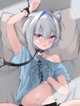  1girl absurdres amane_kanata animal_ears bed blue_hair blush bra bra_peek casual chain collar colored_inner_hair cuffs hamster_ears handcuffs highres hololive leash lying midriff multicolored_hair navel nishiro_hato on_back pillow shirt short_hair silver_hair solo t-shirt underwear violet_eyes virtual_youtuber 