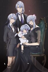  2boys 2girls bangs black_dress black_jacket blue_eyes blue_hair blunt_bangs braid chair child closed_mouth dark_background dress family father_and_daughter father_and_son formal genshin_impact highres jacket kamisato_ayaka kamisato_ayato light_blue_hair long_dress long_hair long_sleeves low_ponytail mother_and_daughter mother_and_son multiple_boys multiple_girls necktie petals pnk_crow ponytail shirt siblings sitting sitting_on_person smile standing stuffed_toy suit white_shirt 