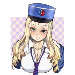  1girl bc_freedom_(emblem) bc_freedom_military_uniform bc_freedom_school_uniform blonde_hair blue_headwear blue_jacket checkered_background dress_shirt drill_hair emblem girls_und_panzer green_eyes hat highres jacket kaisoku556 licking_lips long_hair long_sleeves looking_at_viewer marie_(girls_und_panzer) military_hat school_uniform shirt smile solo tongue tongue_out white_shirt 