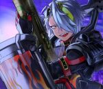  1boy apex_legends blazin&#039;_hot_gibraltar cosplay demon-za energy_gun eyewear_on_head flame_print gibraltar_(apex_legends) gibraltar_(apex_legends)_(cosplay) grey_hair gun hair_over_one_eye highres holding holding_gun holding_weapon indie_virtual_youtuber looking_at_viewer looking_to_the_side m1904_mastiff male_focus multicolored_hair sharp_teeth shield shotgun smile solo streaked_hair sunglasses teeth upper_body utai_meika virtual_youtuber weapon 