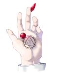  1boy commentary_request crescent fake_text fullmetal_alchemist gem hand_focus hand_tattoo long_sleeves male_focus osenchurii palms red_gemstone simple_background solf_j._kimblee solo tattoo white_background 