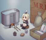  1girl armband blonde_hair brown_eyes brown_legwear can candy canned_food chibi chocolate chocolate_bar cooking crate cup eating fire food gegesenseilove girls_frontline highres marshmallow mp40_(girls&#039;_frontline) mug russian_text sack shoes shorts solo stick 