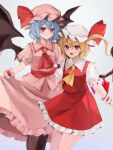  2girls :d ascot bangs bat_wings black_legwear blonde_hair blue_background blue_hair blush brooch eyebrows_visible_through_hair feet_out_of_frame flandre_scarlet frilled_shirt_collar frills grey_background hair_between_eyes hat hat_ribbon highres jewelry looking_at_viewer mob_cap multiple_girls open_mouth pantyhose petticoat pink_skirt puffy_short_sleeves puffy_sleeves red_eyes red_ribbon red_skirt red_vest remilia_scarlet ribbon sash shirt short_hair short_sleeves siblings sisters skirt skirt_set smile standing touhou vest white_shirt wings wrist_cuffs zurui_ninjin 