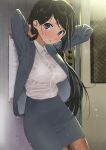  1girl adjusting_hair against_wall arms_behind_head black_hair blush bra breasts brown_legwear business_suit collared_shirt copyright_request cowboy_shot dress_shirt formal furuyama_itaru grey_skirt grey_suit jacket long_hair looking_at_viewer medium_breasts office_lady open_clothes open_jacket original pantyhose pencil_skirt see-through shirt skirt solo standing suit thighs underwear violet_eyes wet wet_clothes wet_hair wet_shirt white_bra 