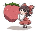  1girl bare_shoulders blush bow brown_eyes brown_hair closed_mouth detached_sleeves eyebrows_visible_through_hair flying_sweatdrops food fruit full_body hair_between_eyes hair_bow hair_tubes hakurei_reimu holding holding_food holding_fruit japanese_clothes medium_hair nontraditional_miko red_bow red_skirt ribbon-trimmed_sleeves ribbon_trim rokugou_daisuke sidelocks signature simple_background skirt solo strawberry touhou white_background wide_sleeves 