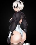  1girl android artist_name ass bangs black_background black_legwear blindfold breasts closed_mouth commentary feather_trim gloves hair_ornament hairband highleg highleg_leotard highres leotard lips long_sleeves looking_at_viewer looking_back medium_breasts mole mole_under_mouth nier_(series) nier_automata short_hair signature simple_background smile thigh-highs thighs user_xmmt2223 white_hair yorha_no._2_type_b 