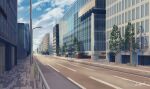  absurdres blue_sky building city cityscape clouds commentary_request day fence hakuurei_amano highres lamppost no_humans original outdoors road scenery shadow sky street tree watermark 